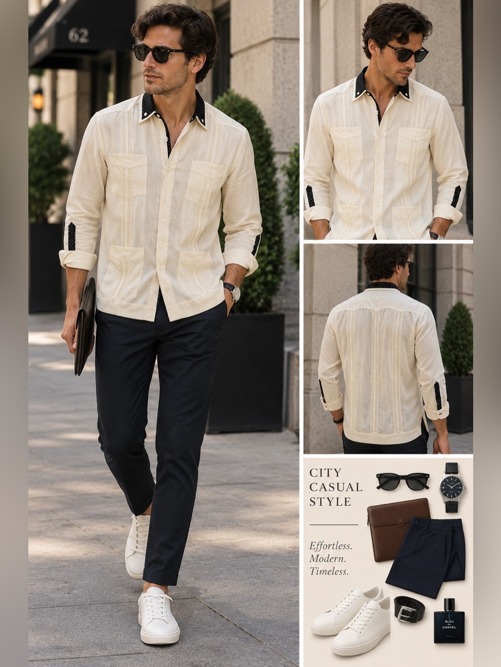 Guayabera Cubana linen Bottom Down Long-sleeve ivory shirt breathable men size38